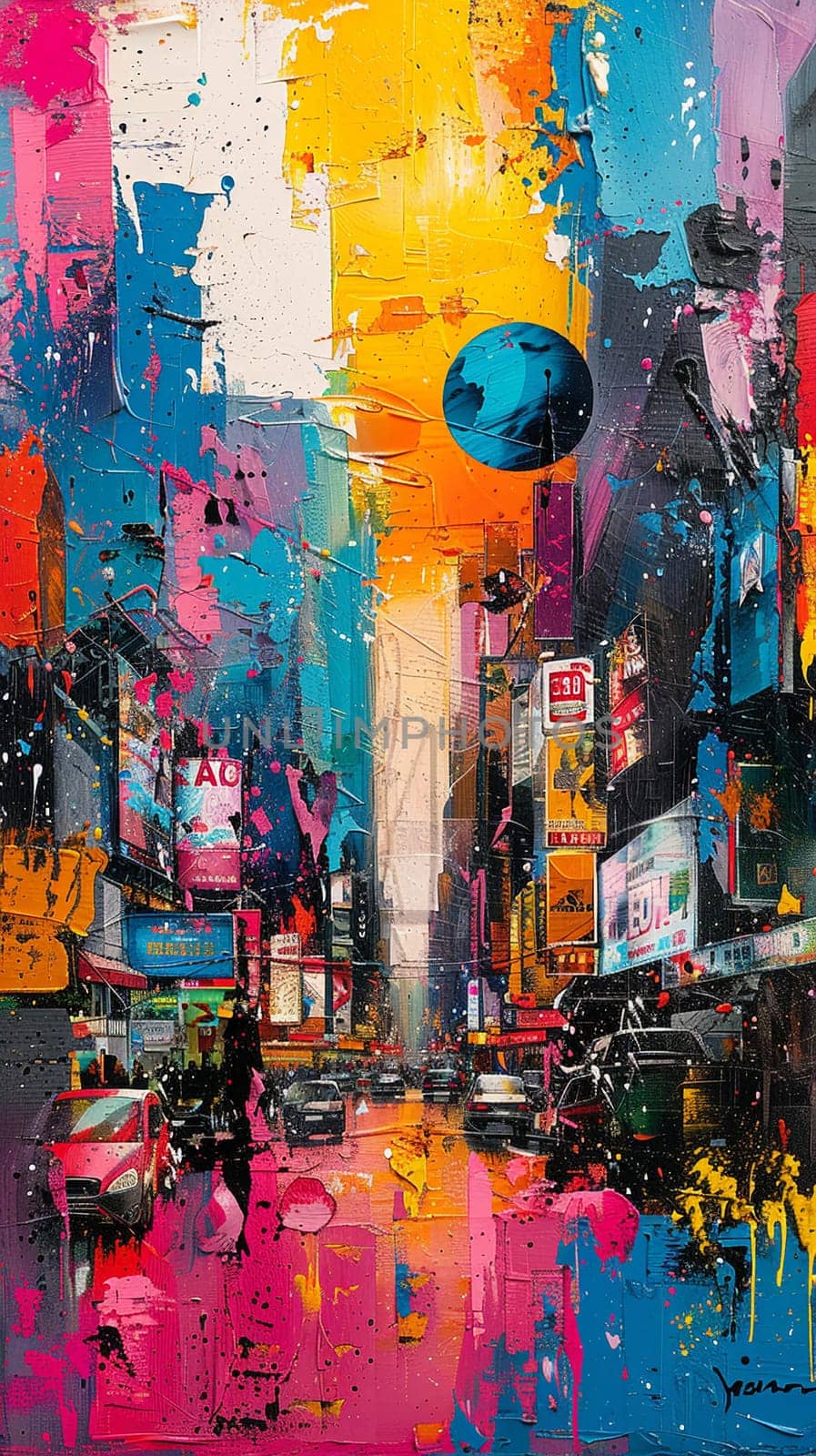 Bustling district street captured with energetic, abstract expressionist paint strokes.
