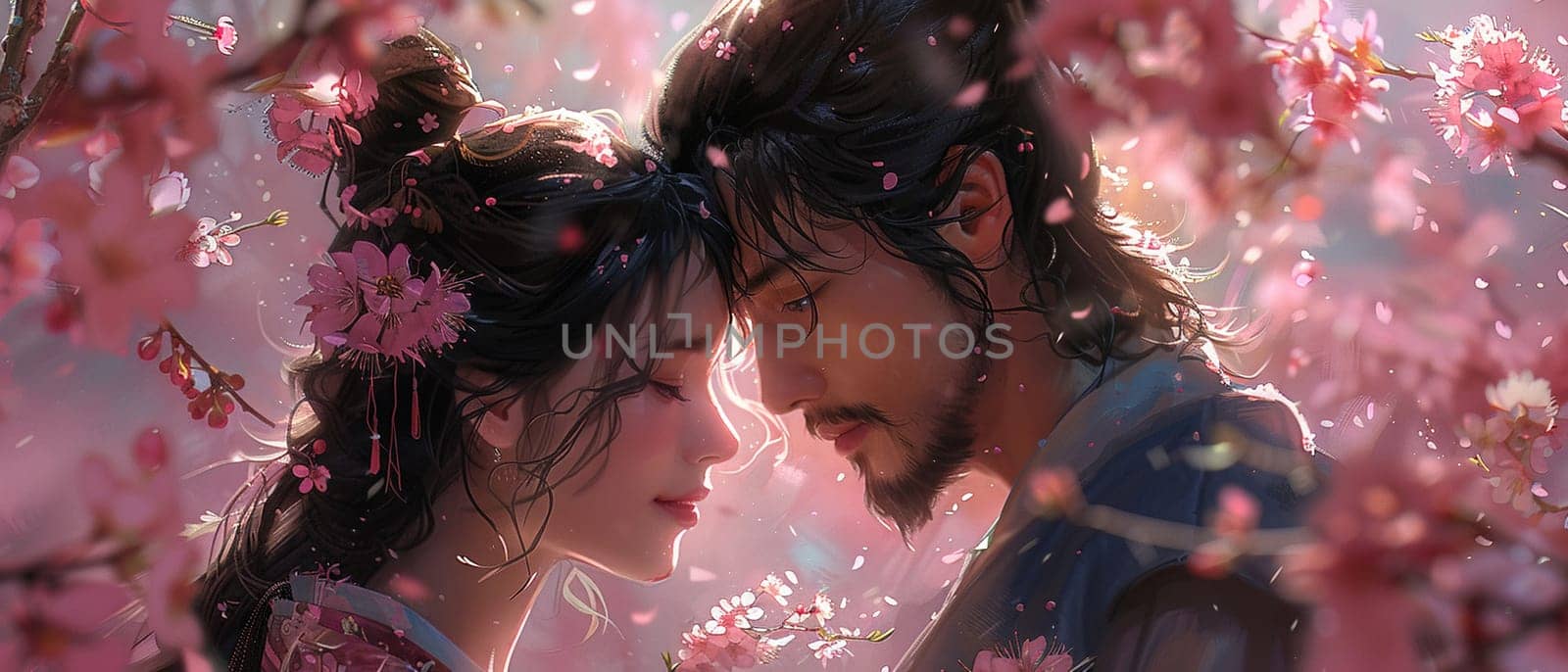 Intimate moment under cherry blossoms illustrated in a soft by Benzoix