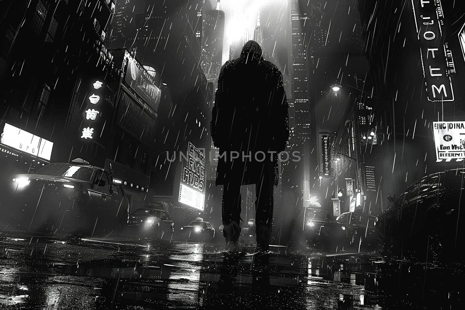 Midnight city walk rendered in a noir comic style, with stark black-and-white contrasts and dramatic shadows.