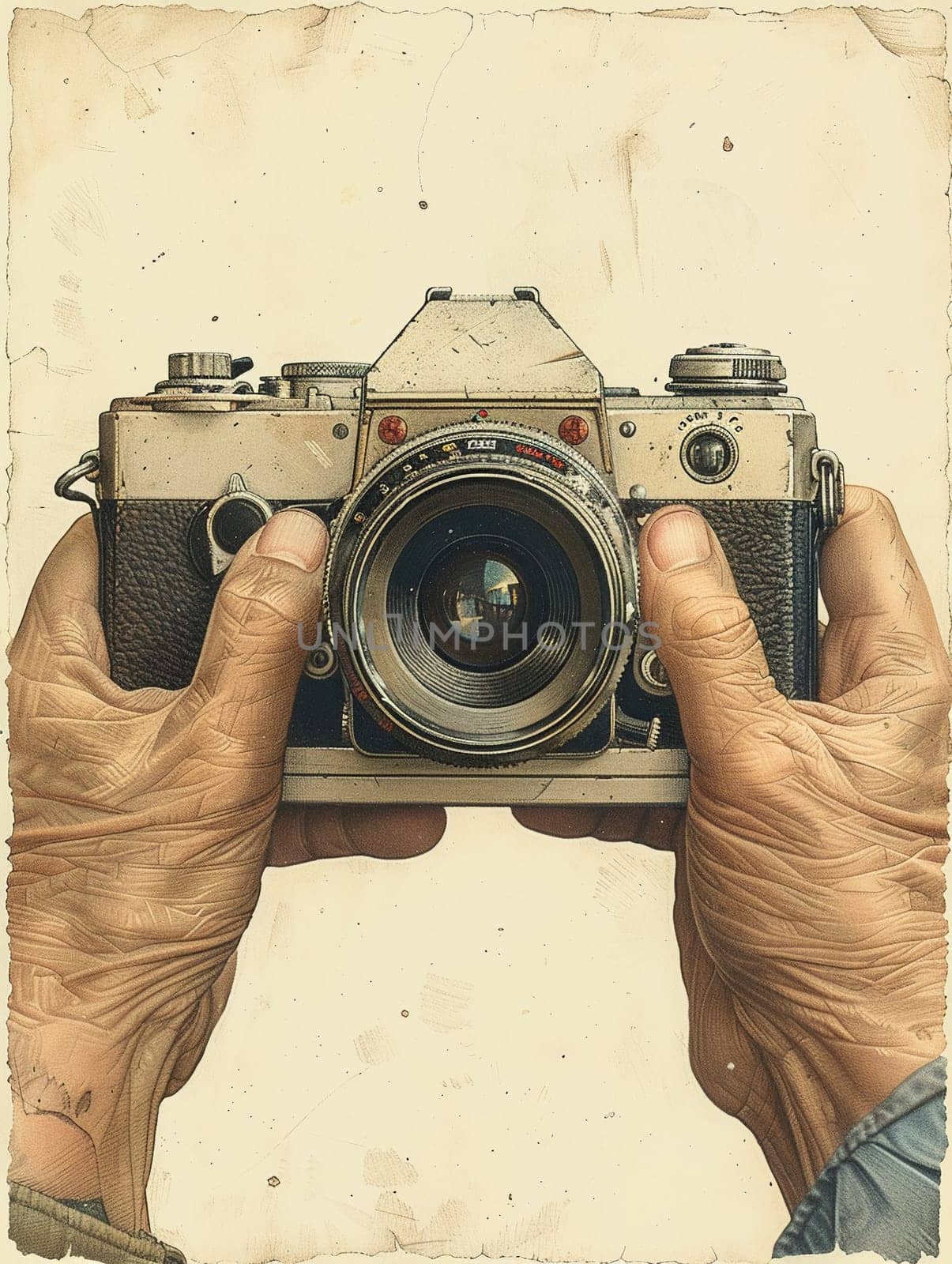 Hands holding a vintage camera, illustrated in a sepia-toned style evoking nostalgia and history.