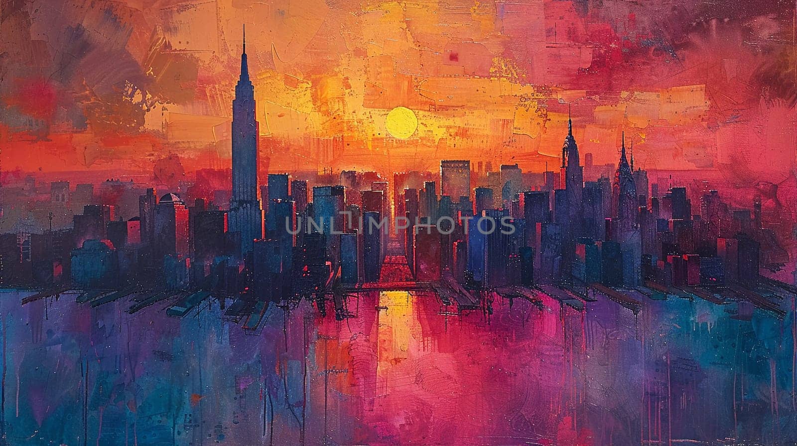 Cityscape from a high vantage point painted in a post-impressionist style, with vivid colors and bold brushwork.