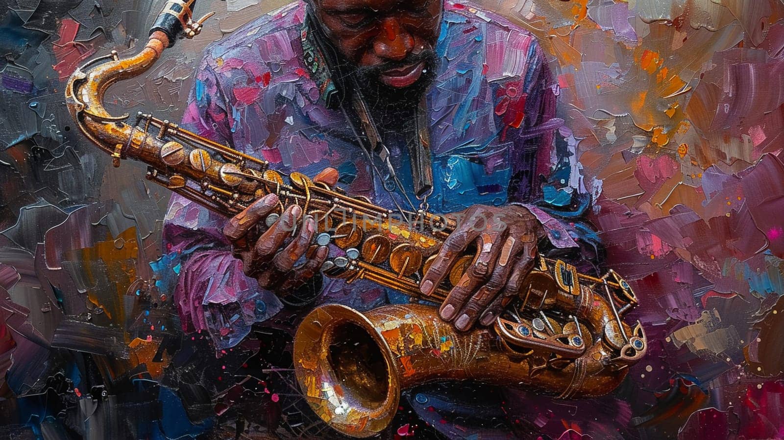 Jazz musician's hands on a saxophone, painted with soulful brushstrokes and deep, resonant colors.