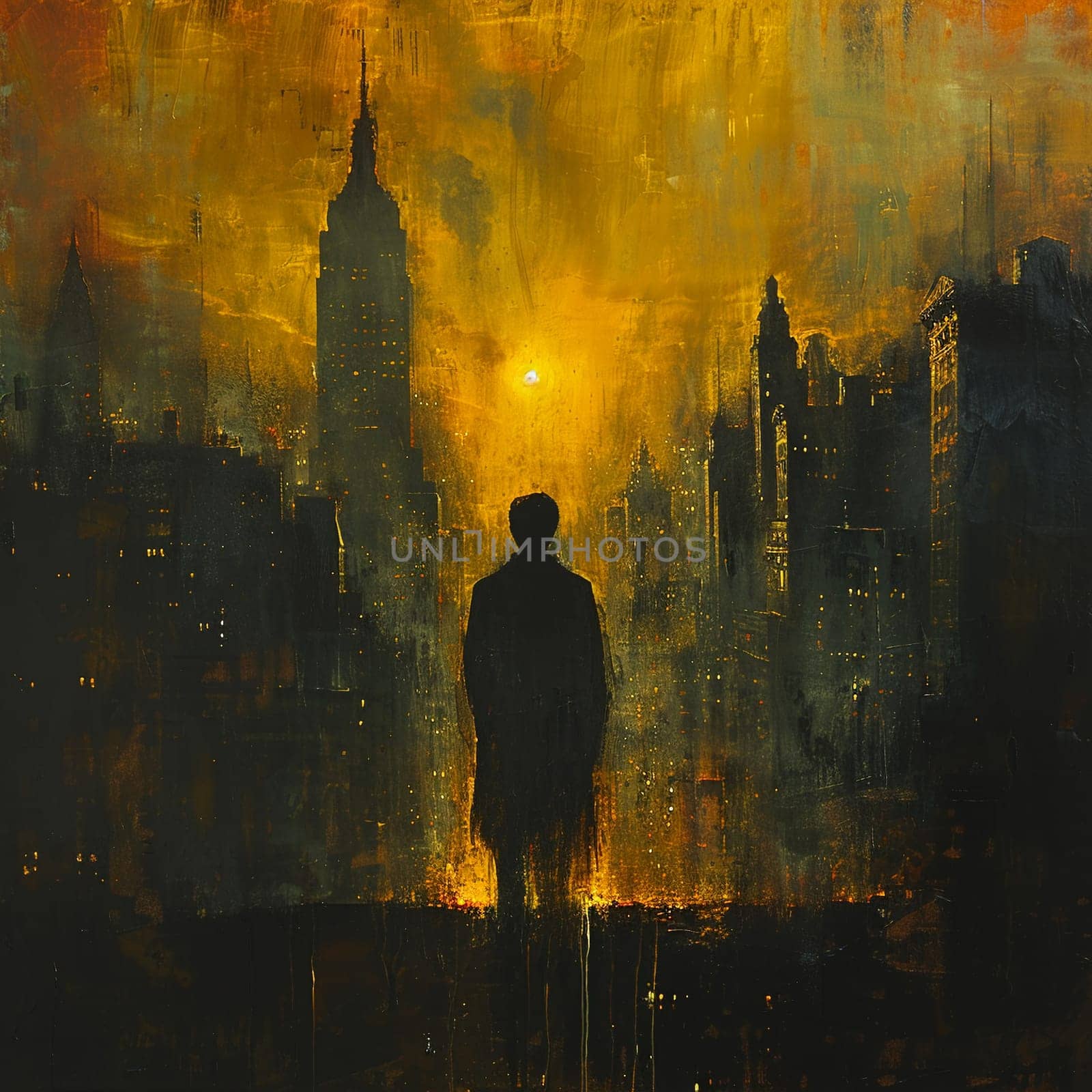 A pensive moment as a figure is framed by the amber wash of a city at dusk.