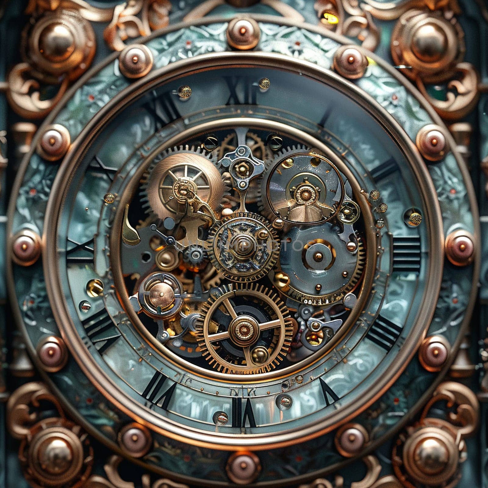 Ornate clockwork mechanism detailed in a steampunk illustration style with metallic sheen and gears. by Benzoix