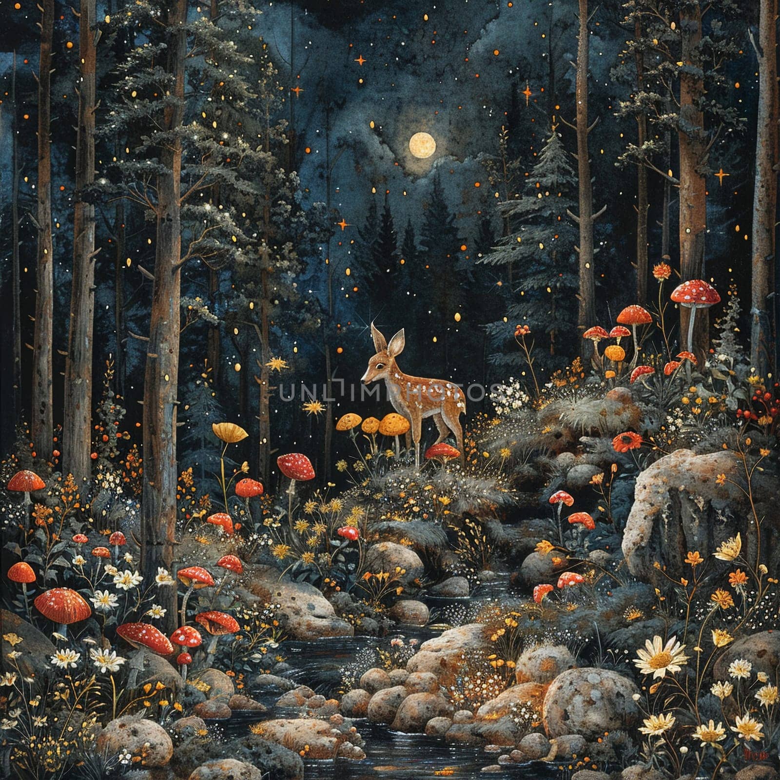Enchanted forest scene with fairies and woodland creatures, painted in a detailed, classic illustration style.