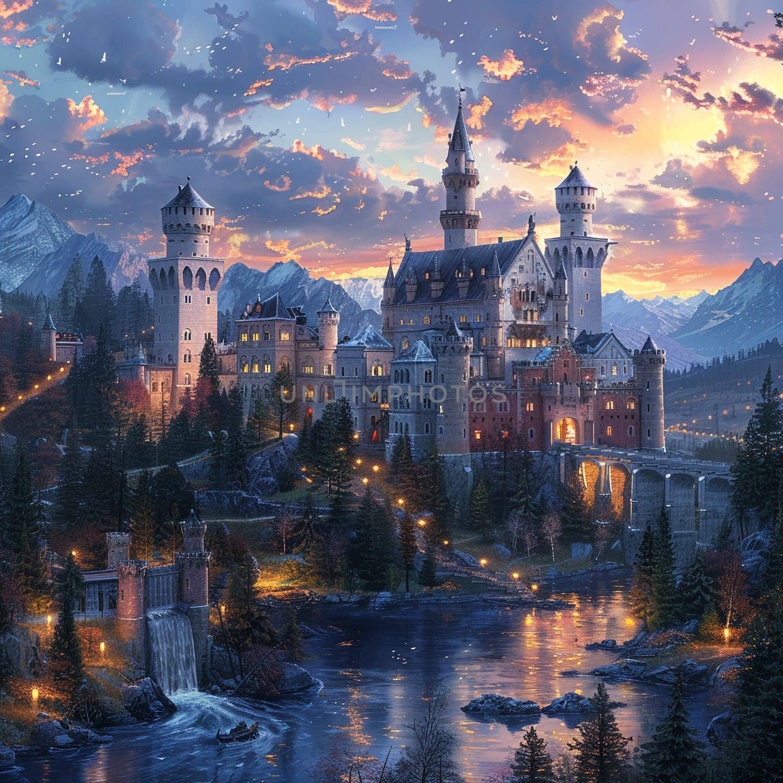 Majestic castle at twilight, digitally painted to evoke fairy tales and legendary stories.