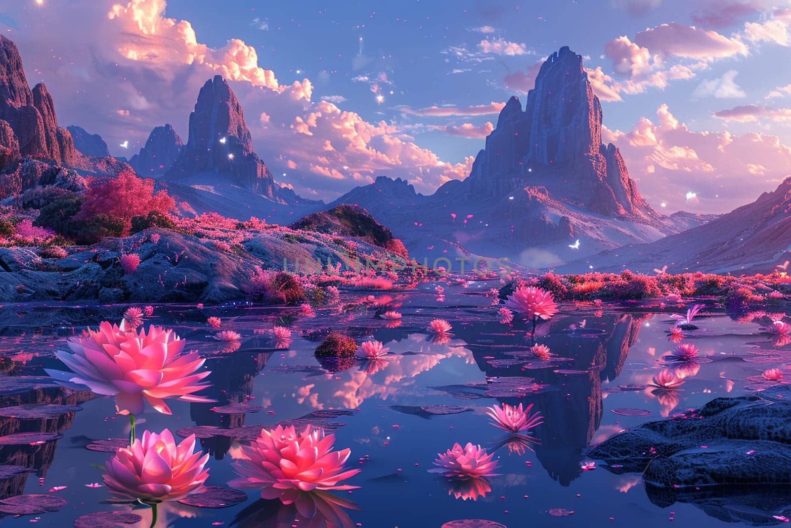 Alien landscape with floating rocks and vibrant flora by Benzoix