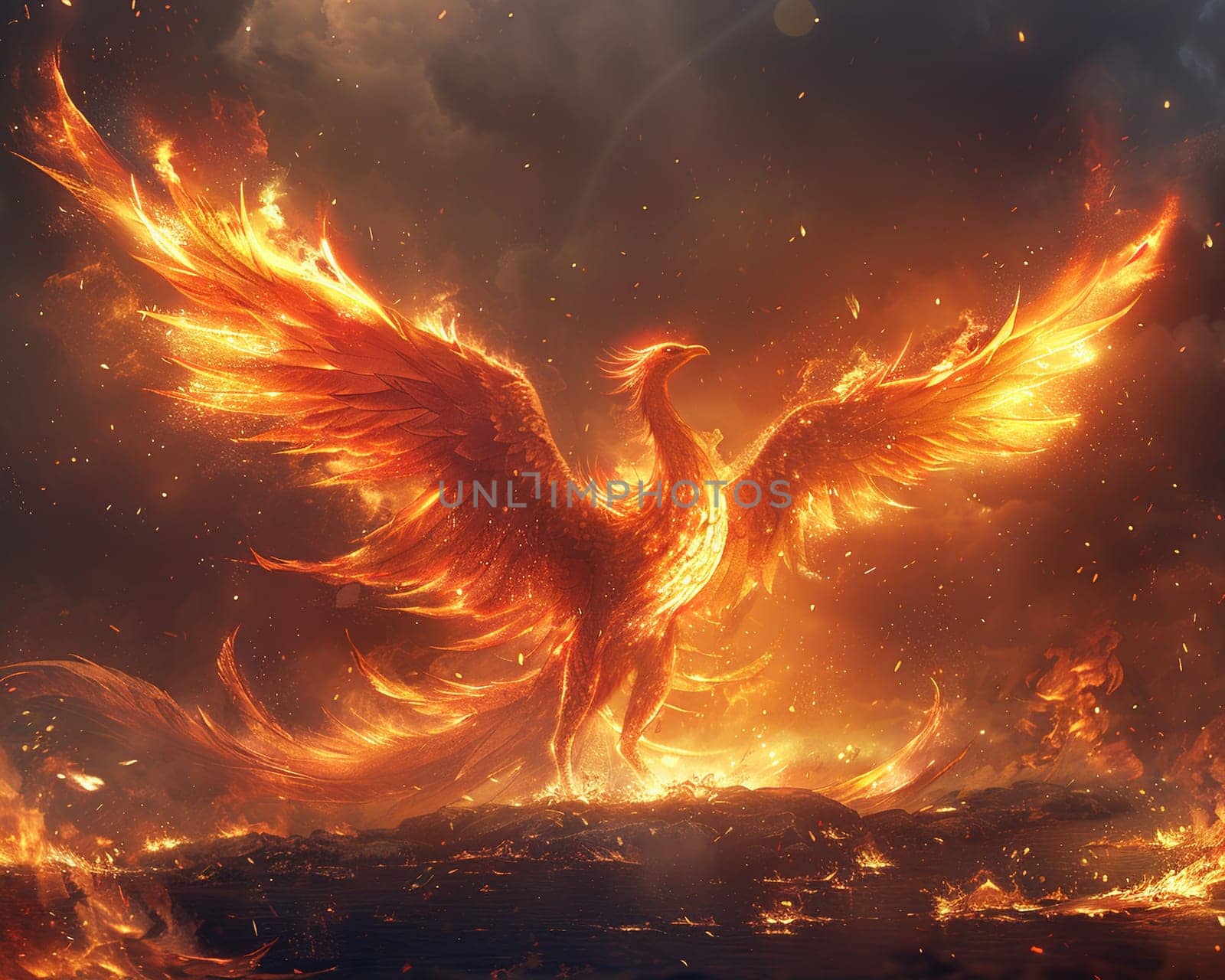 Mythical phoenix rising from ashes, captured in an anime style with fiery colors and dramatic lines.