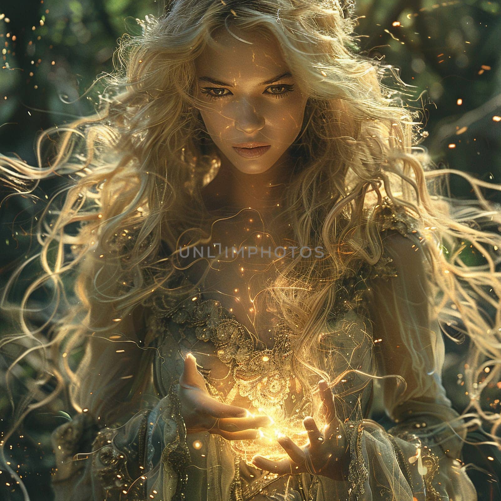 Mystical sorceress casting a spell her hands aglow by Benzoix