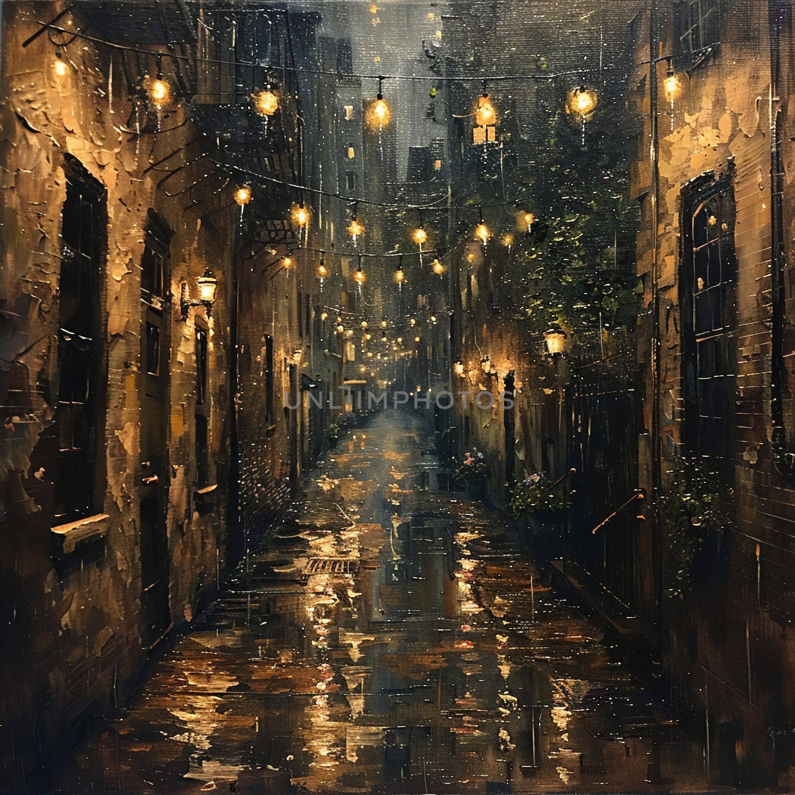 Alleyway sanctuary scene painted with a focus on soft lighting and quiet details in acrylics. by Benzoix