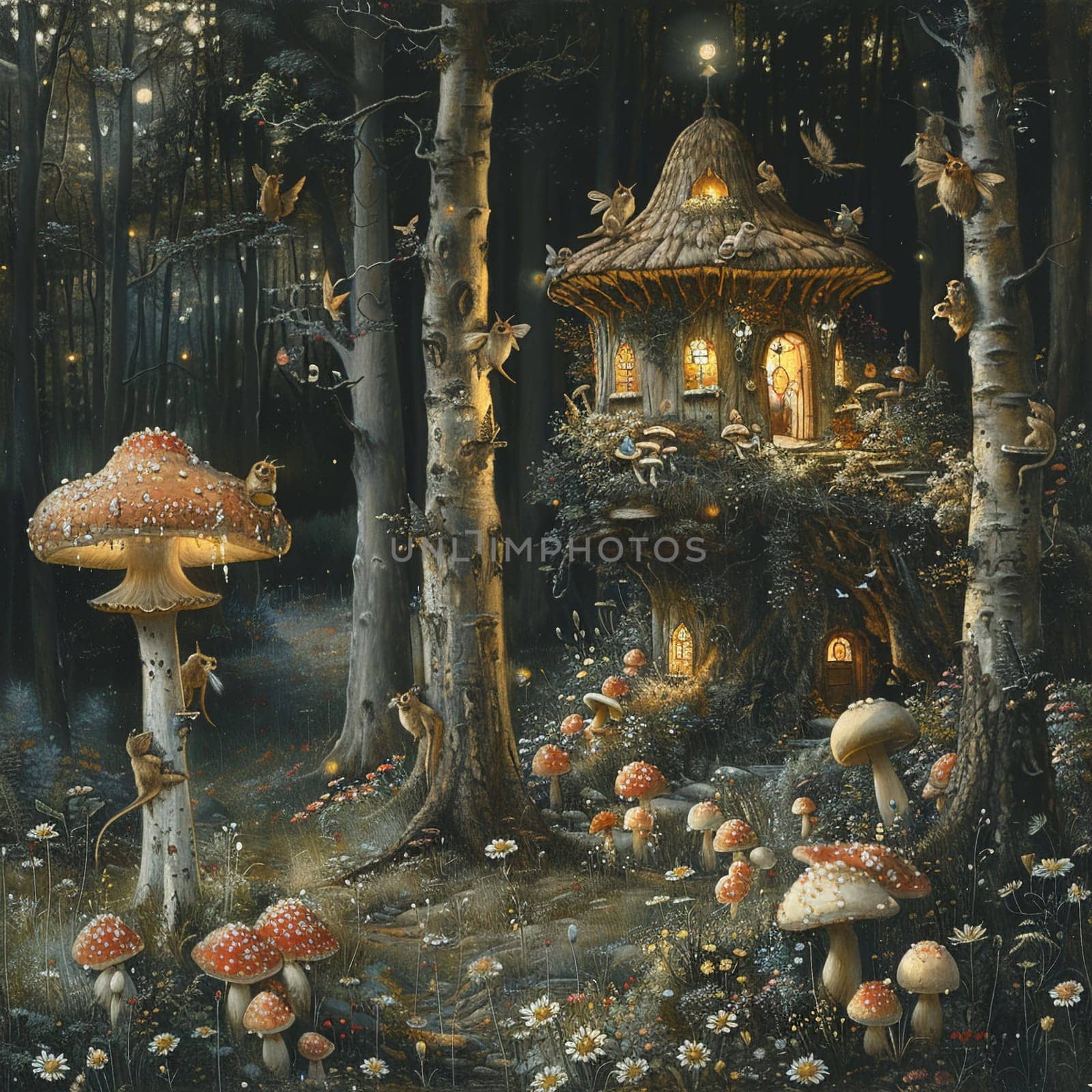 Enchanted forest scene with fairies and woodland creatures, painted in a detailed, classic illustration style.