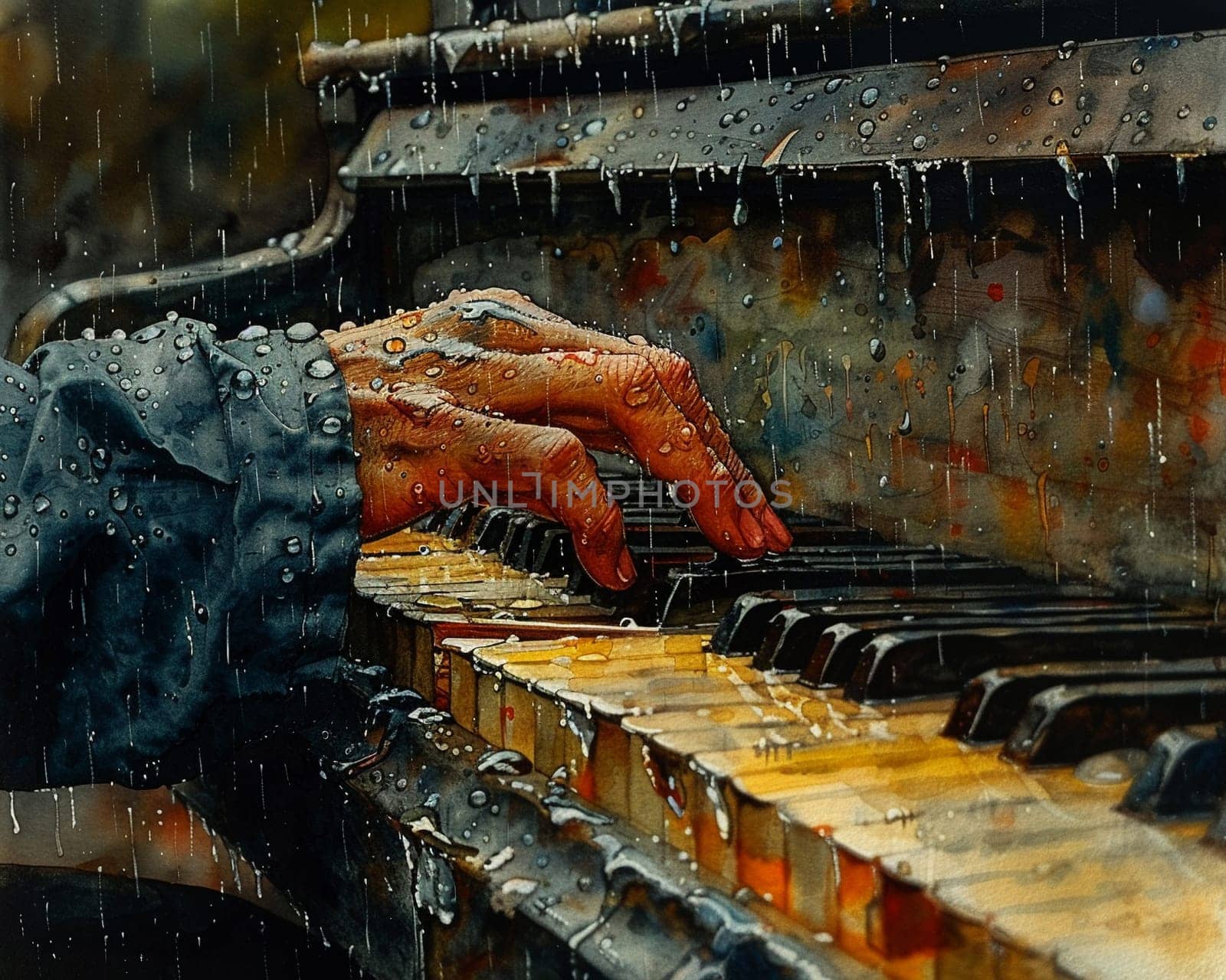 Hands playing a melody on a raindrop-covered piano, illustrated in a flowing, lyrical watercolor style.