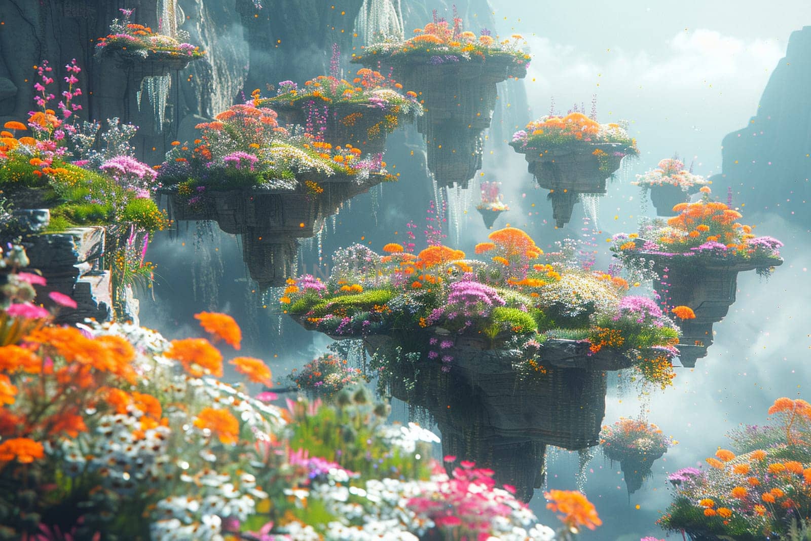 Alien landscape with floating rocks and vibrant flora by Benzoix