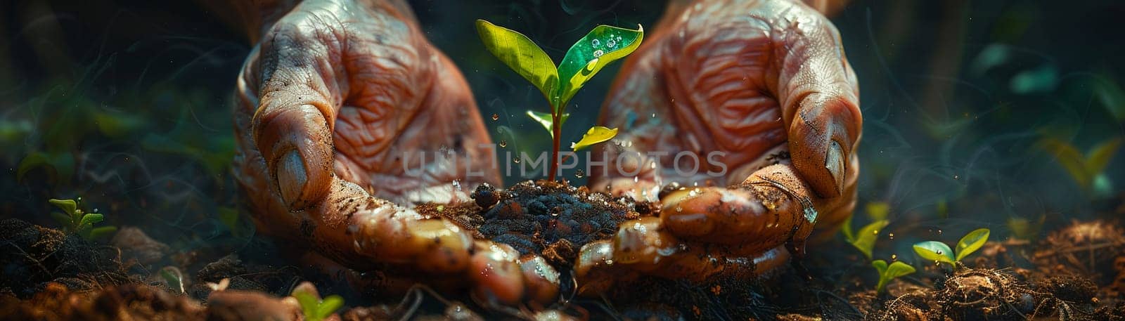 Gardener's hands nurturing a growing seedling, painted with a focus on texture and the green of life.