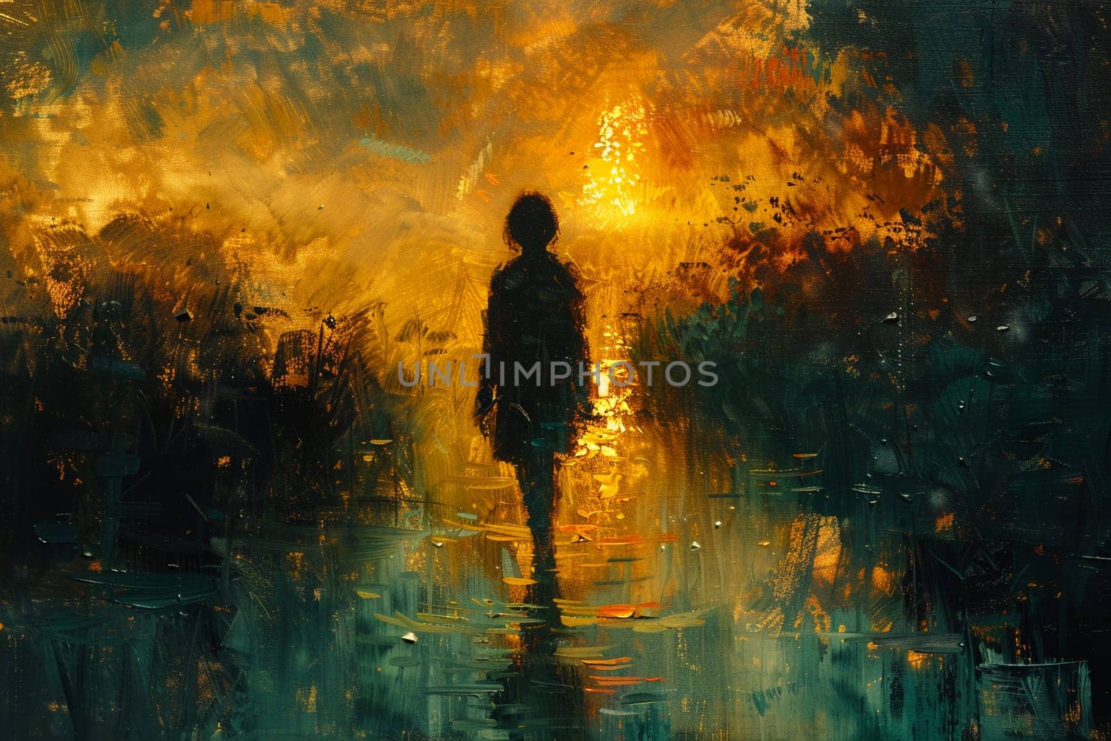 Golden hour shadow painted with a Monet-inspired impressionistic approach by Benzoix
