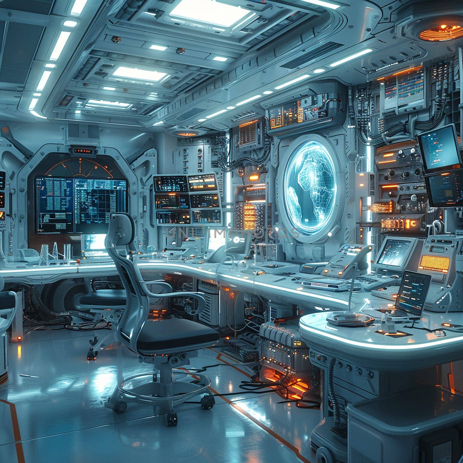 Futuristic lab with holographic interfaces, rendered in a sleek, high-tech digital art style.