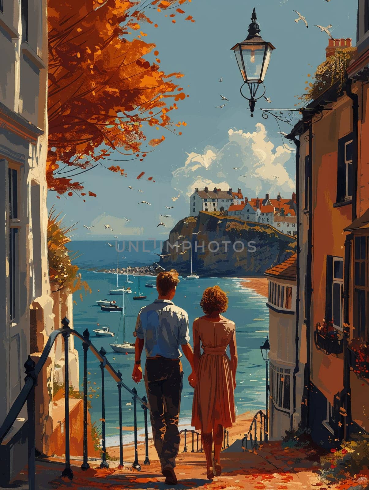 Seaside stroll illustrated in a classic British seaside postcard style by Benzoix
