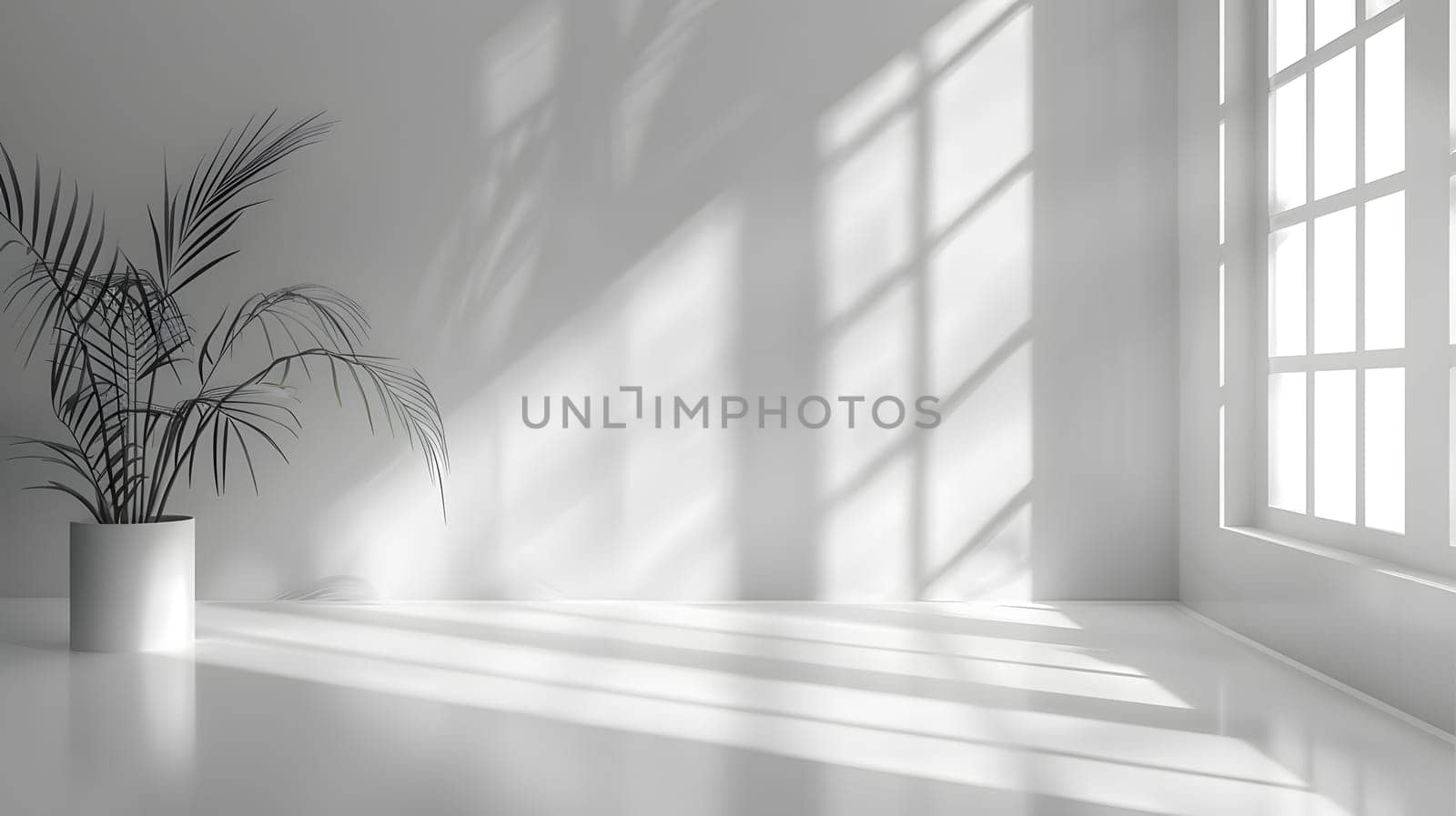 A monochrome grey room with a blackandwhite houseplant in a wood pot by the window, creating a serene atmosphere