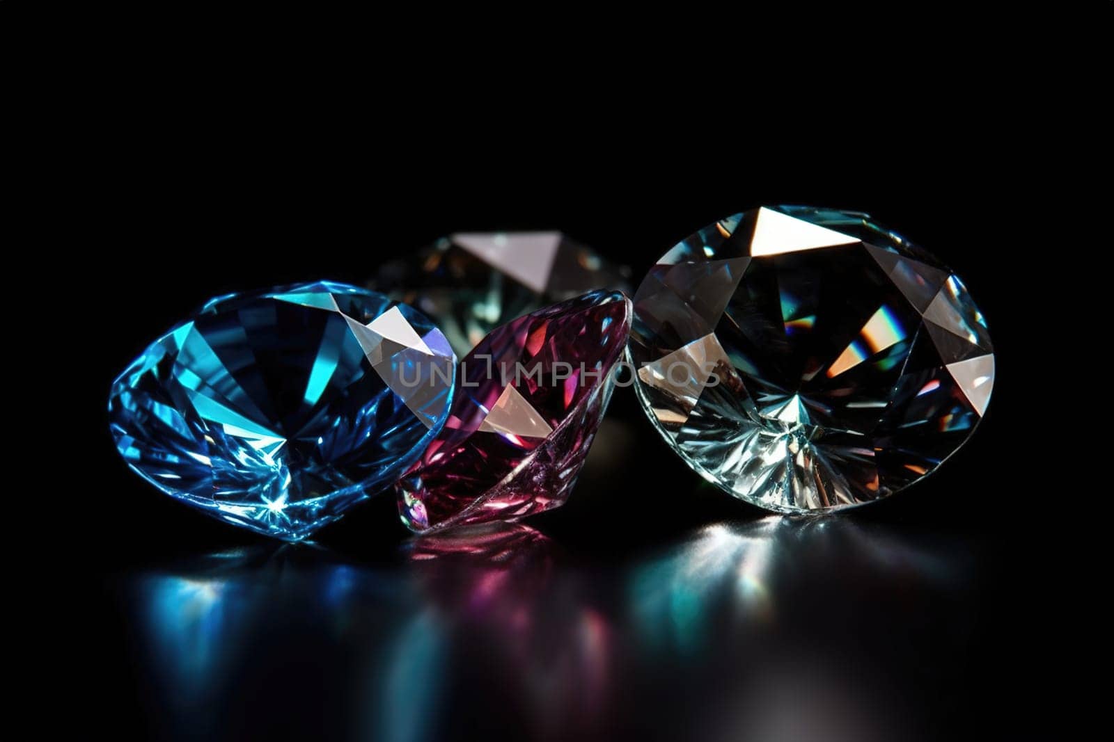 Realistic 3d colourful diamond on black background, generative AI