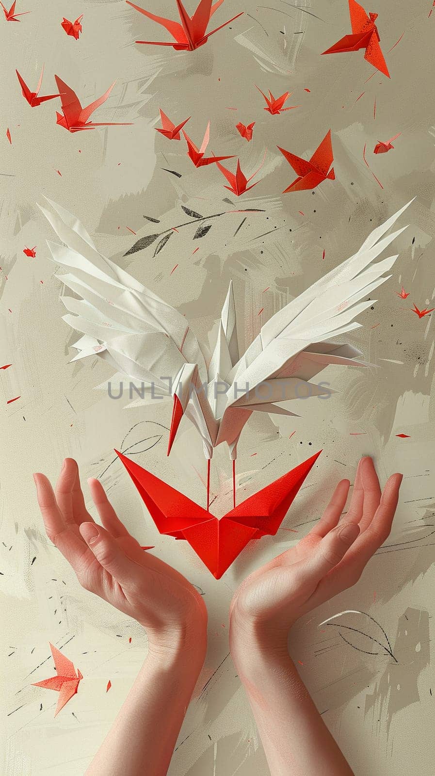 Hands shaping a delicate origami crane, illustrated in a minimalist style with clean lines and soft shadows.