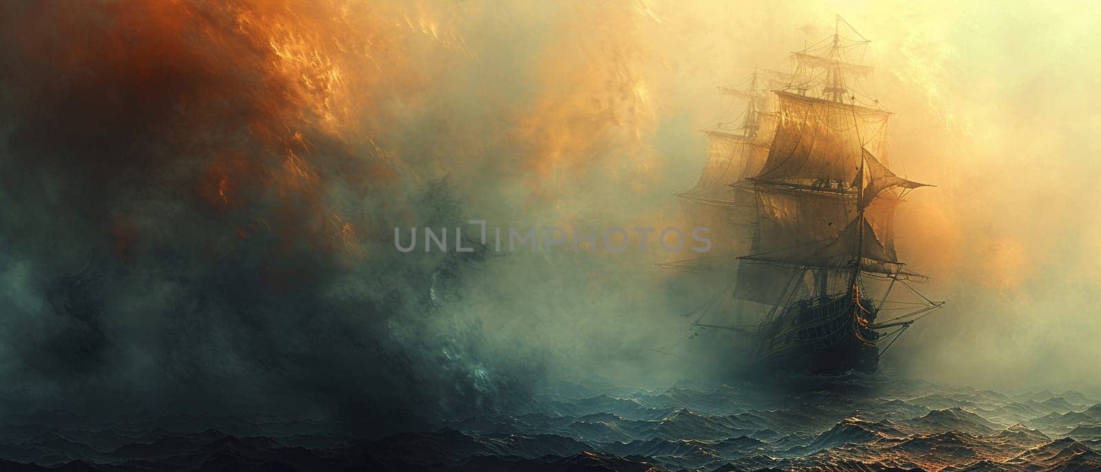 Pirate ship navigating through mystical fog, illustrated with a vintage map aesthetic and aged textures.