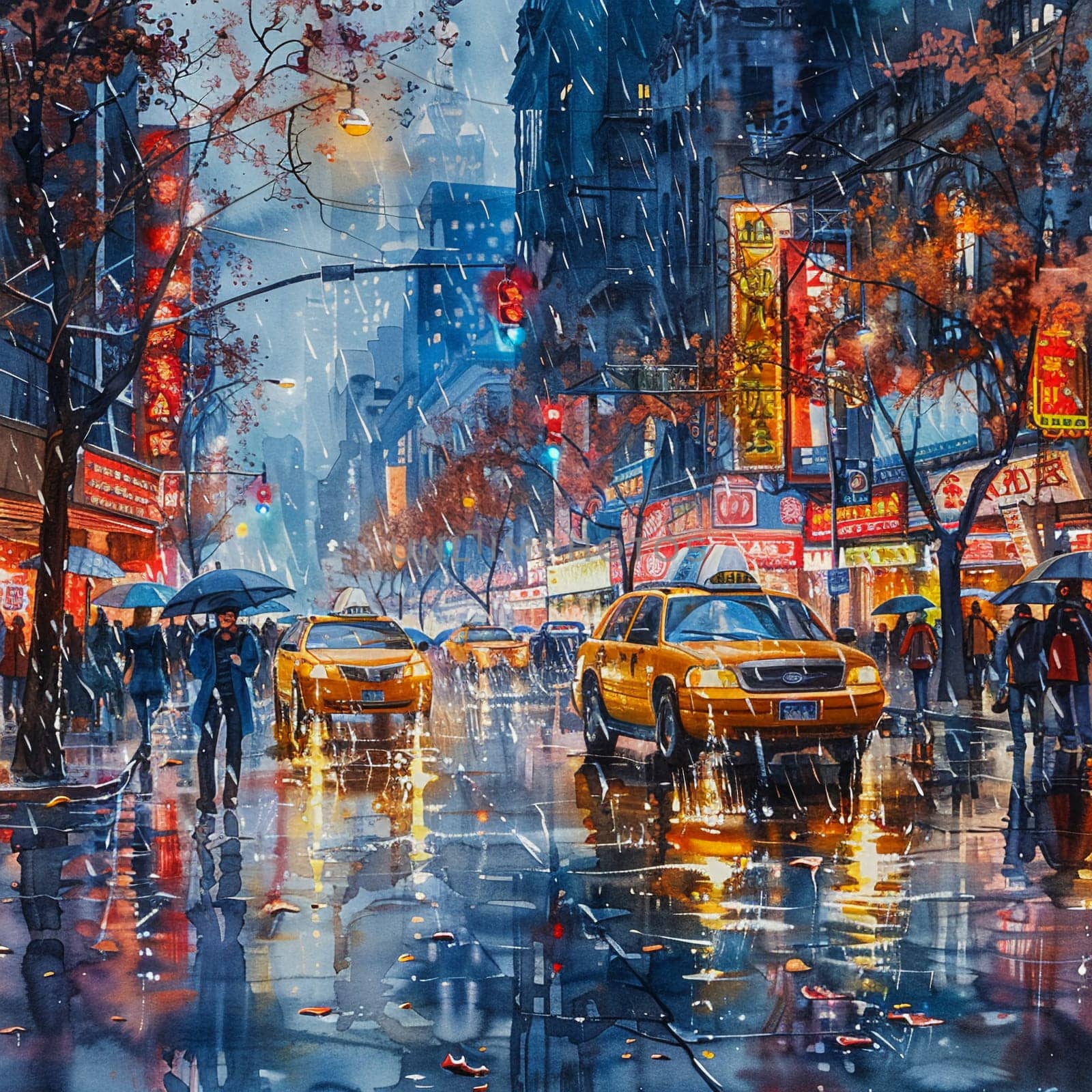 Bustling avenue in rain painted with vibrant flowing watercolors by Benzoix