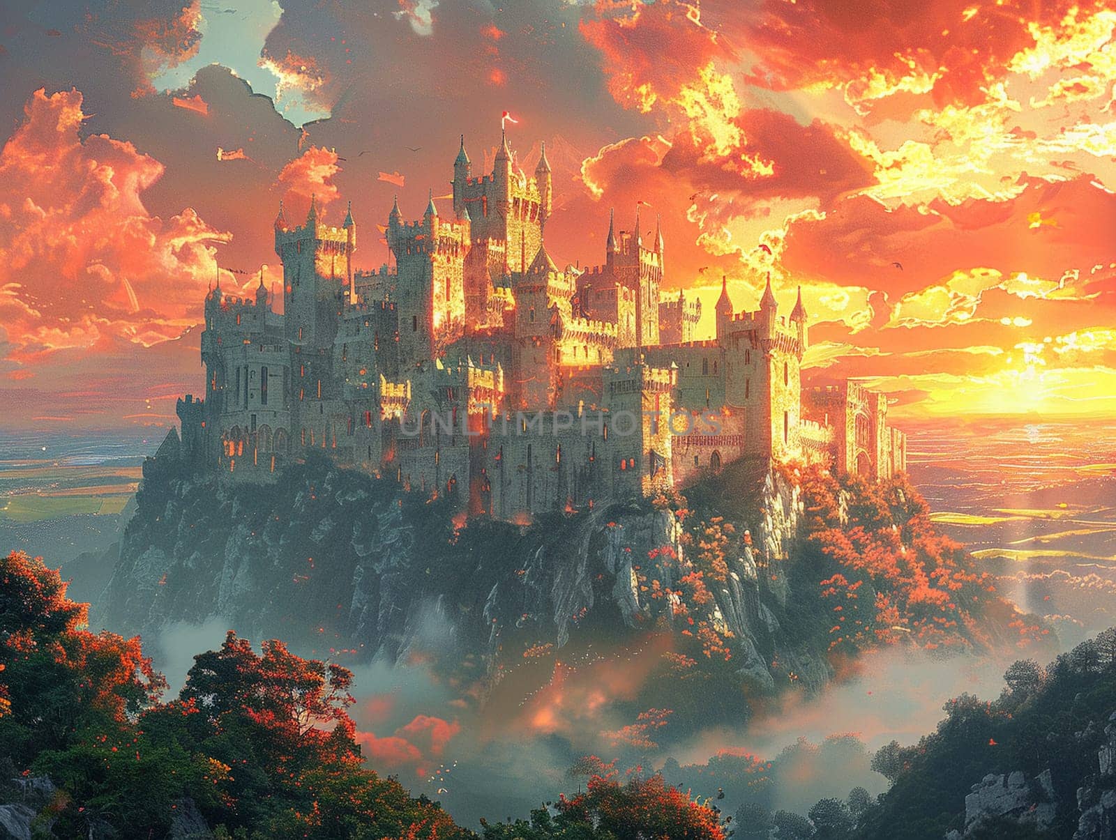 Majestic castle at twilight, digitally painted to evoke fairy tales and legendary stories.