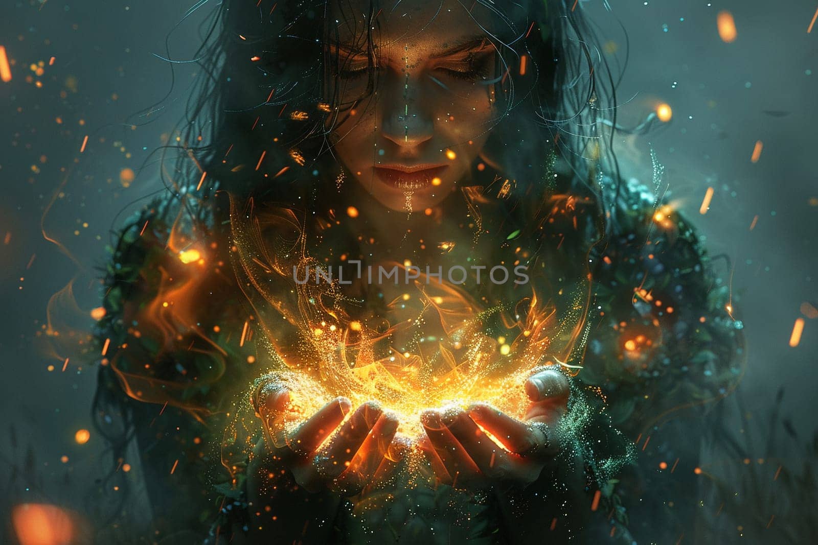 Mystical sorceress casting a spell, her hands aglow, depicted in a richly detailed fantasy art style.