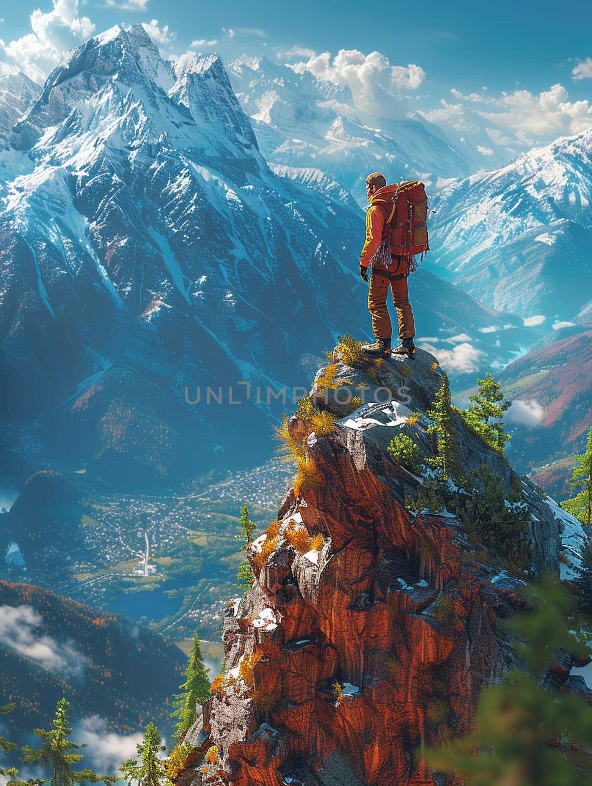 Wilderness climber scene created in a 3D digital art style, with hyper-realistic textures and lighting.