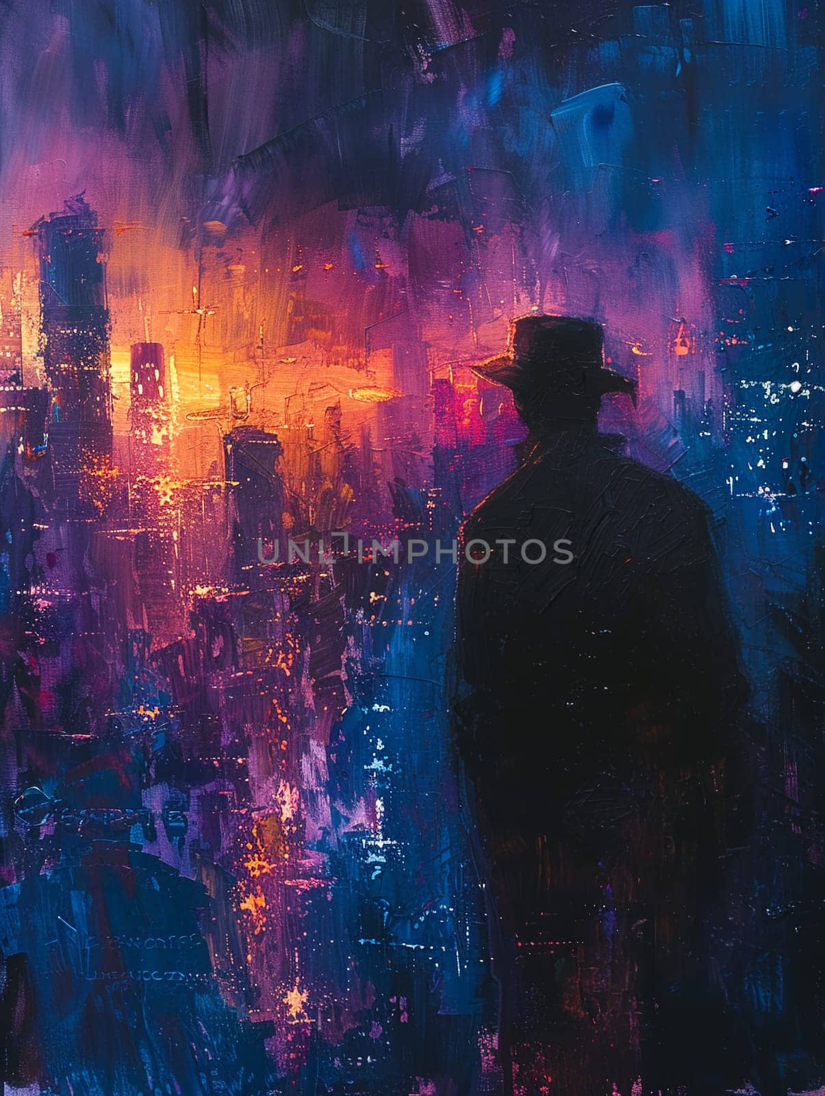 Sculptor carving the essence of the aether, their chisel a conjuring of form and void. City skyline at dusk painted in broad, impressionistic strokes of deep blues and purples.