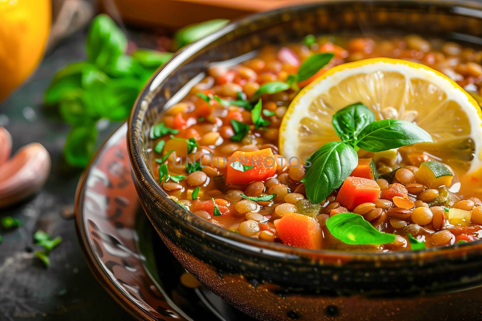 Lentil soup, garnished with a slice of lemon and fresh herbs. AI generated. by OlgaGubskaya