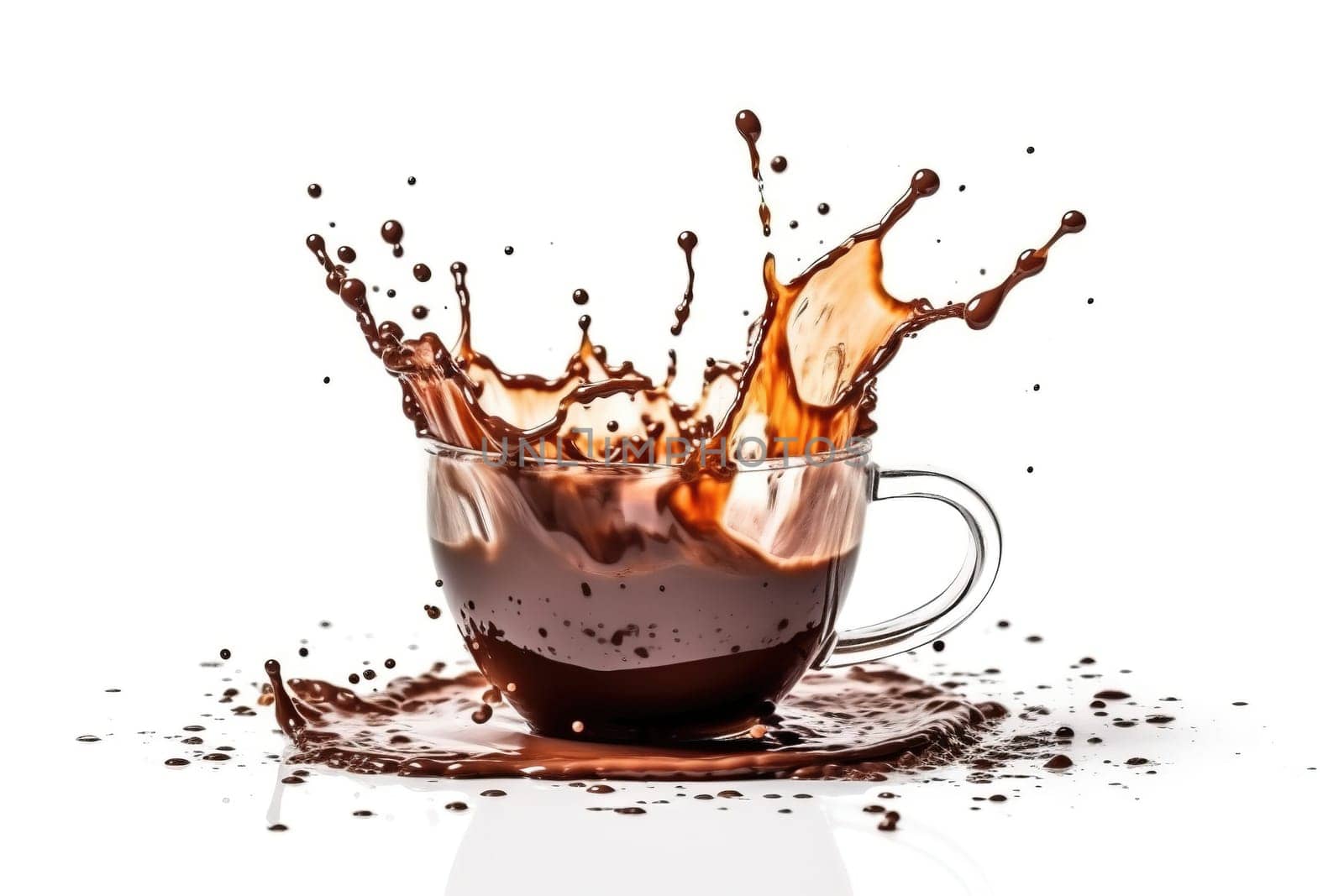splashes of hot chocolate in a transparent cup isolated on a white background , generative AI