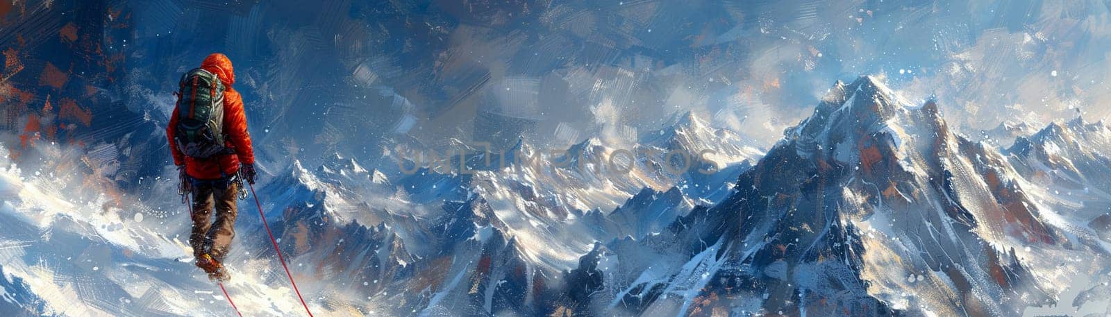 Mountain climber reaching the summit depicted with a rough, textured brushstroke emphasizing the rugged terrain.