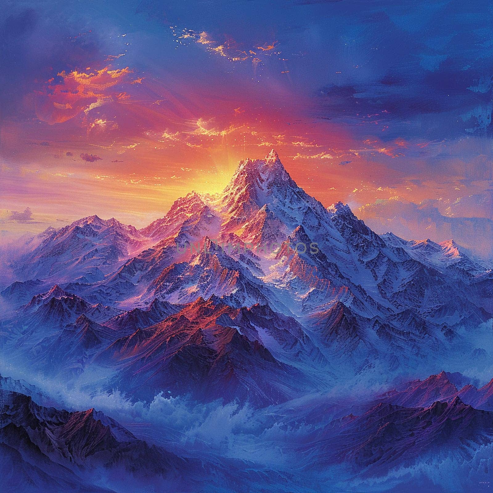 Mountain peak sunset painted with an emphasis on dramatic lighting and expansive views in a romantic style.