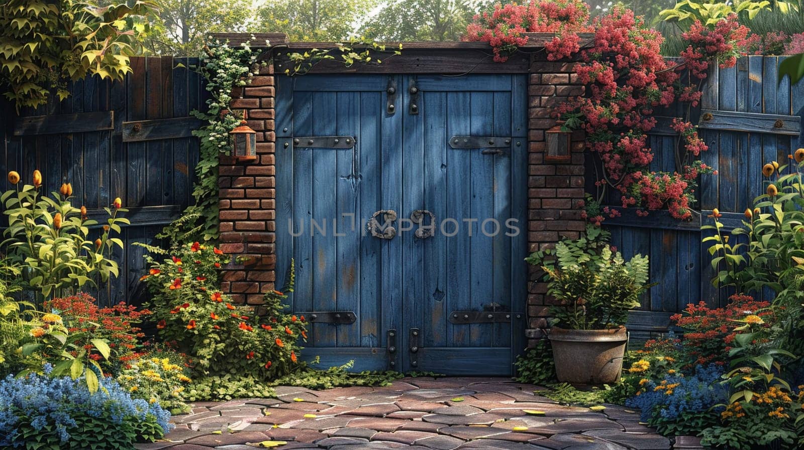 Secret garden gate partially open, inviting exploration, painted with a whimsical, storybook quality.