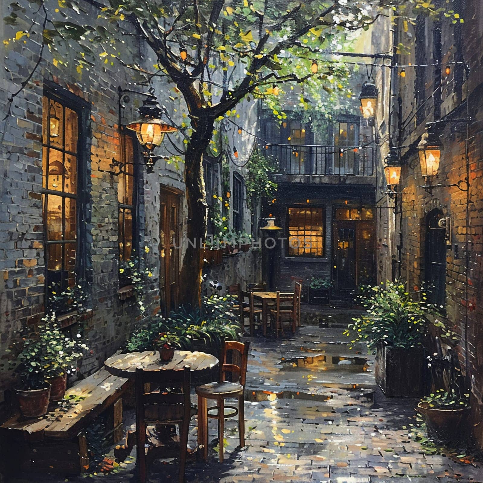 Alleyway sanctuary scene painted with a focus on soft lighting and quiet details in acrylics. by Benzoix