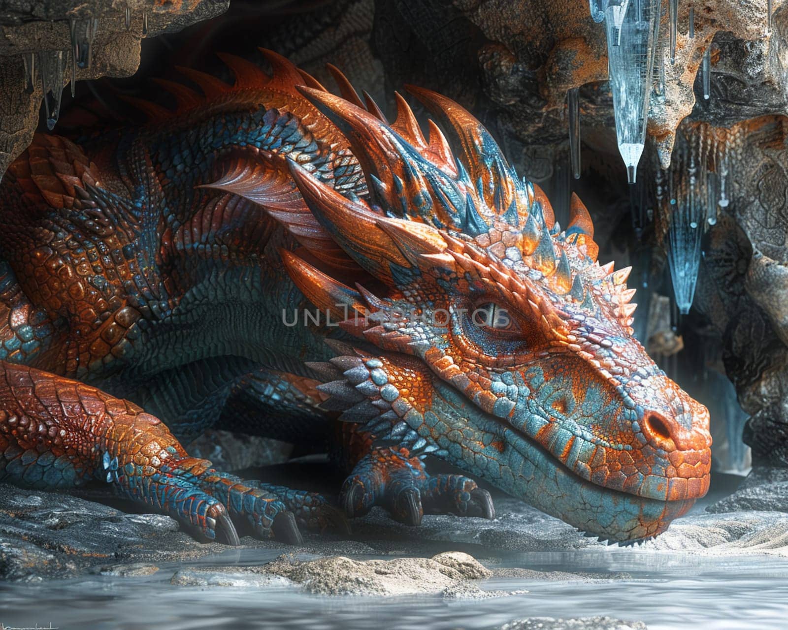 Ancient dragon curled around a crystal cavern, depicted in breathtaking detail and iridescent 3D textures.