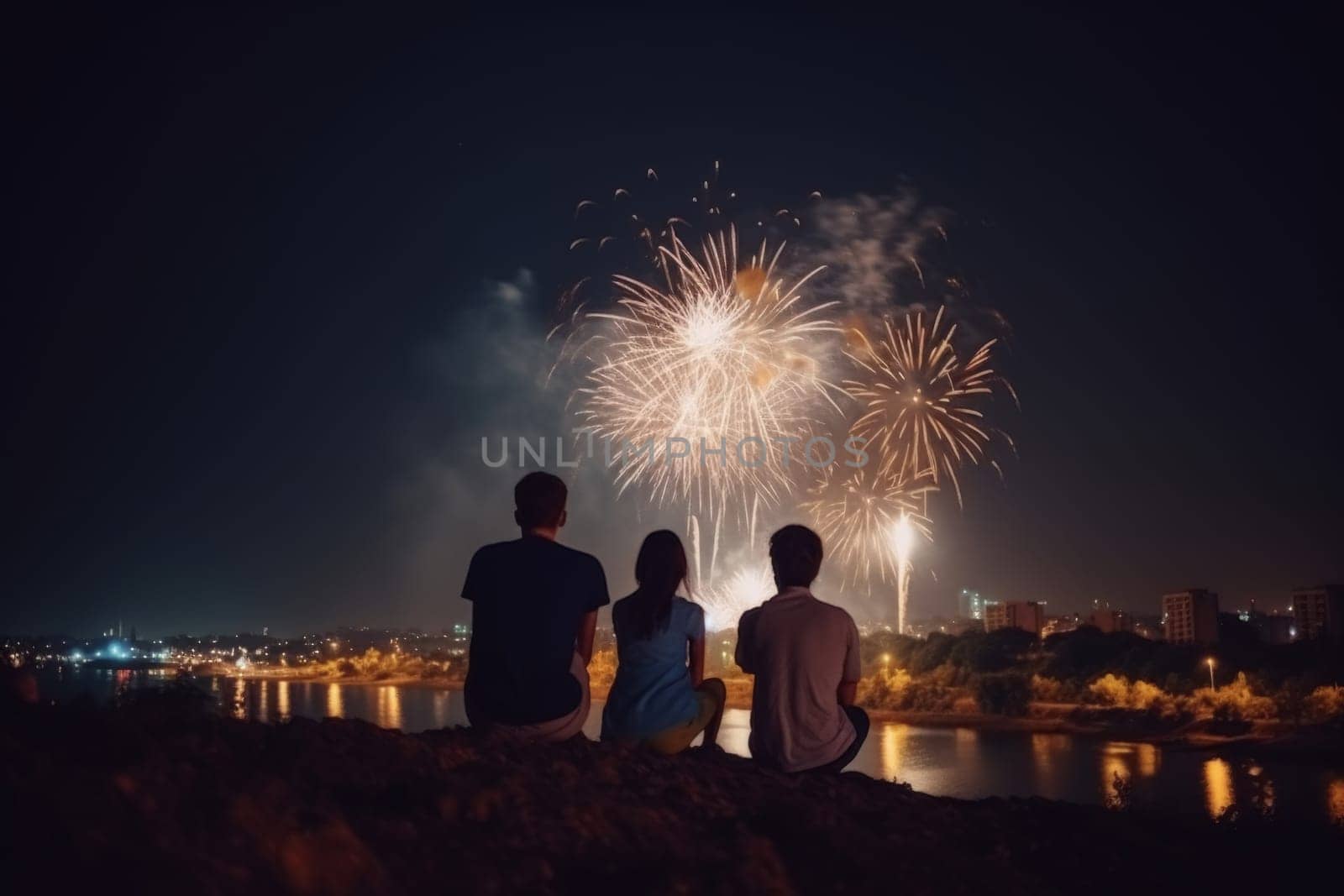 A small group of individuals captured in a serene moment, engrossed in the spectacle of vibrant fireworks illuminating the night sky