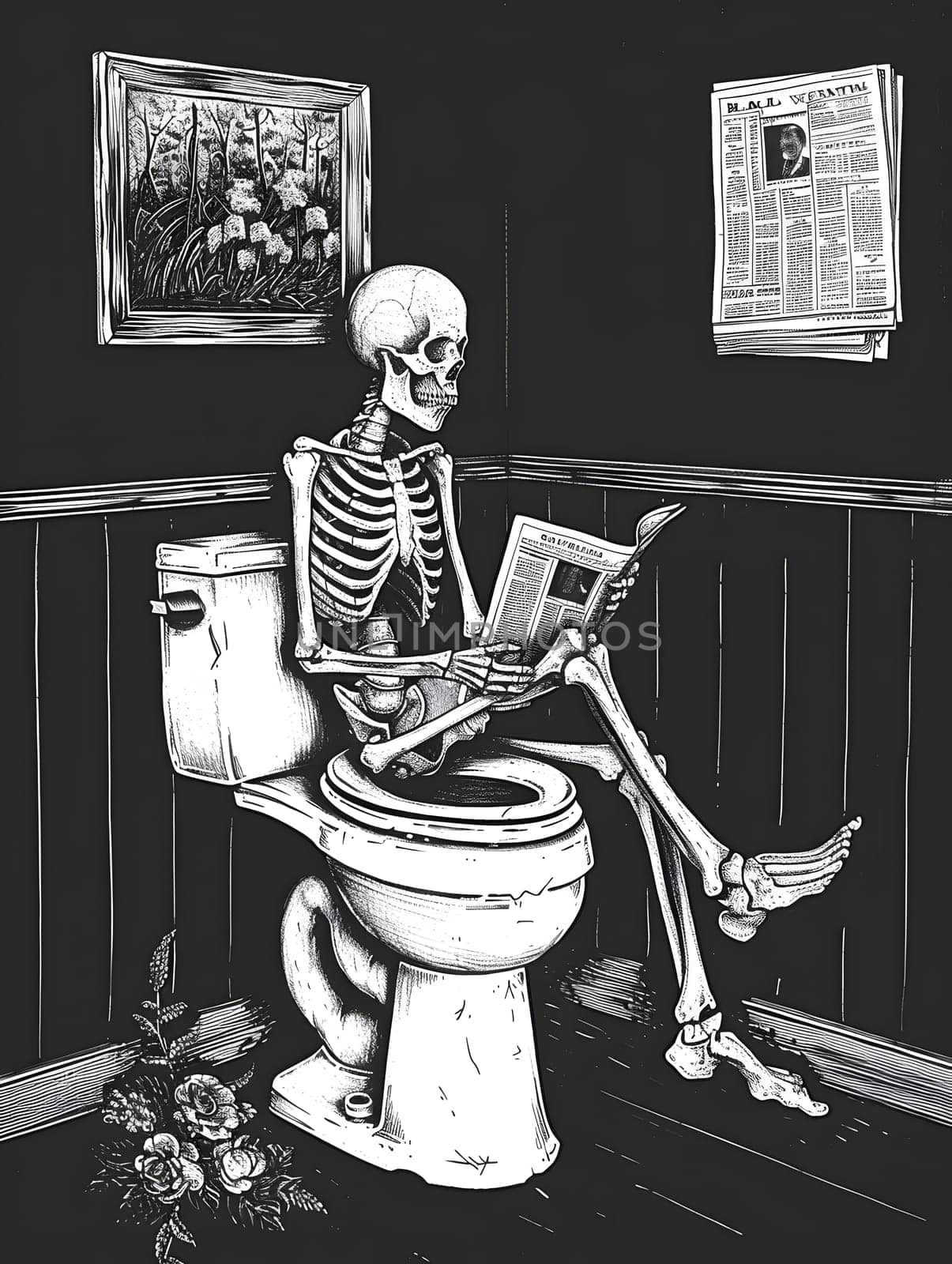 A white skeleton sits in a black room, reading a newspaper on a toilet by Nadtochiy