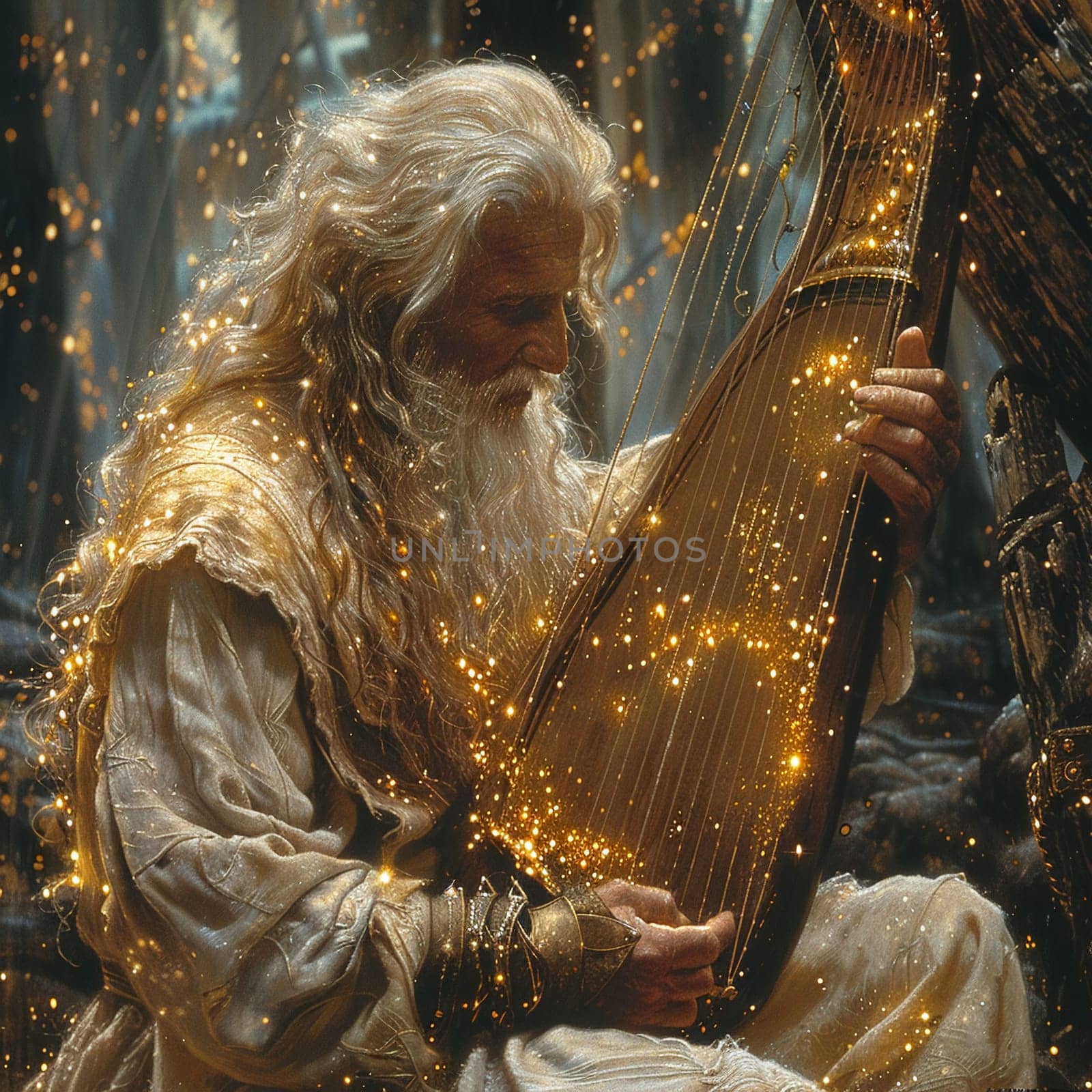 Bard strumming the strings of a starlight lyre by Benzoix