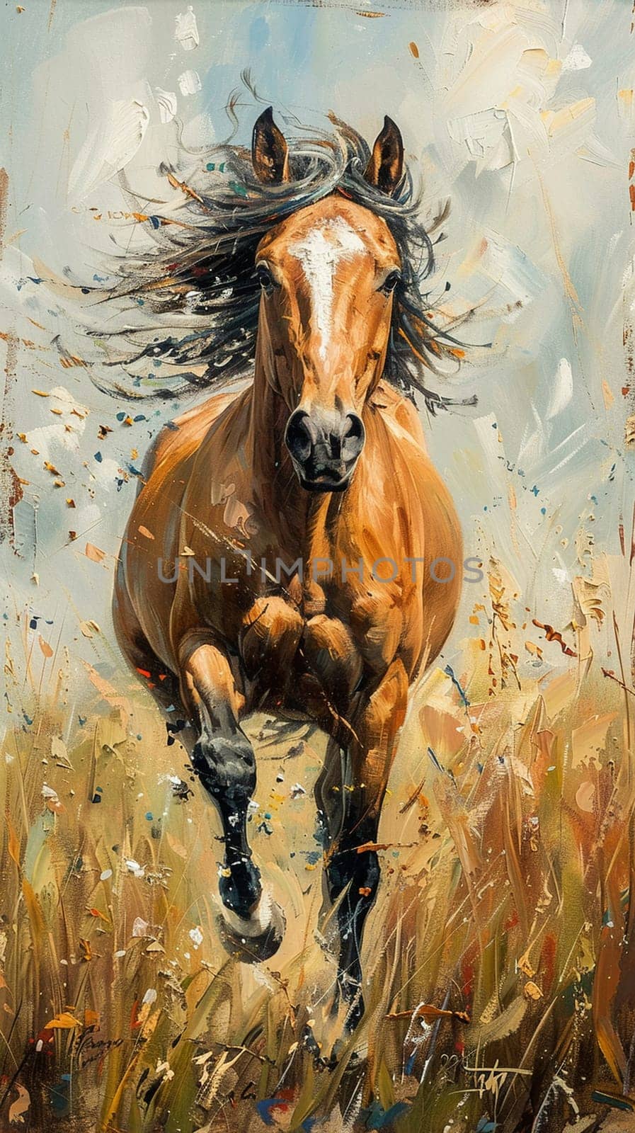 Wild horse running through a meadow, captured with expressionist brushstrokes and freedom of movement.