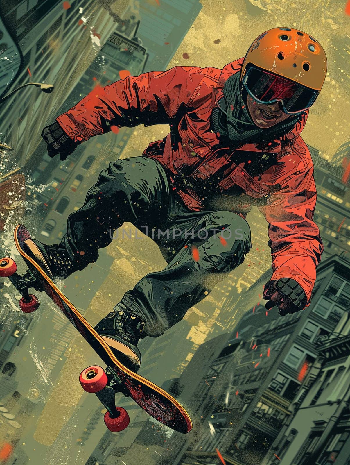 Skateboard descent created with dynamic lines and a sense of gravity in an action-packed comic style.