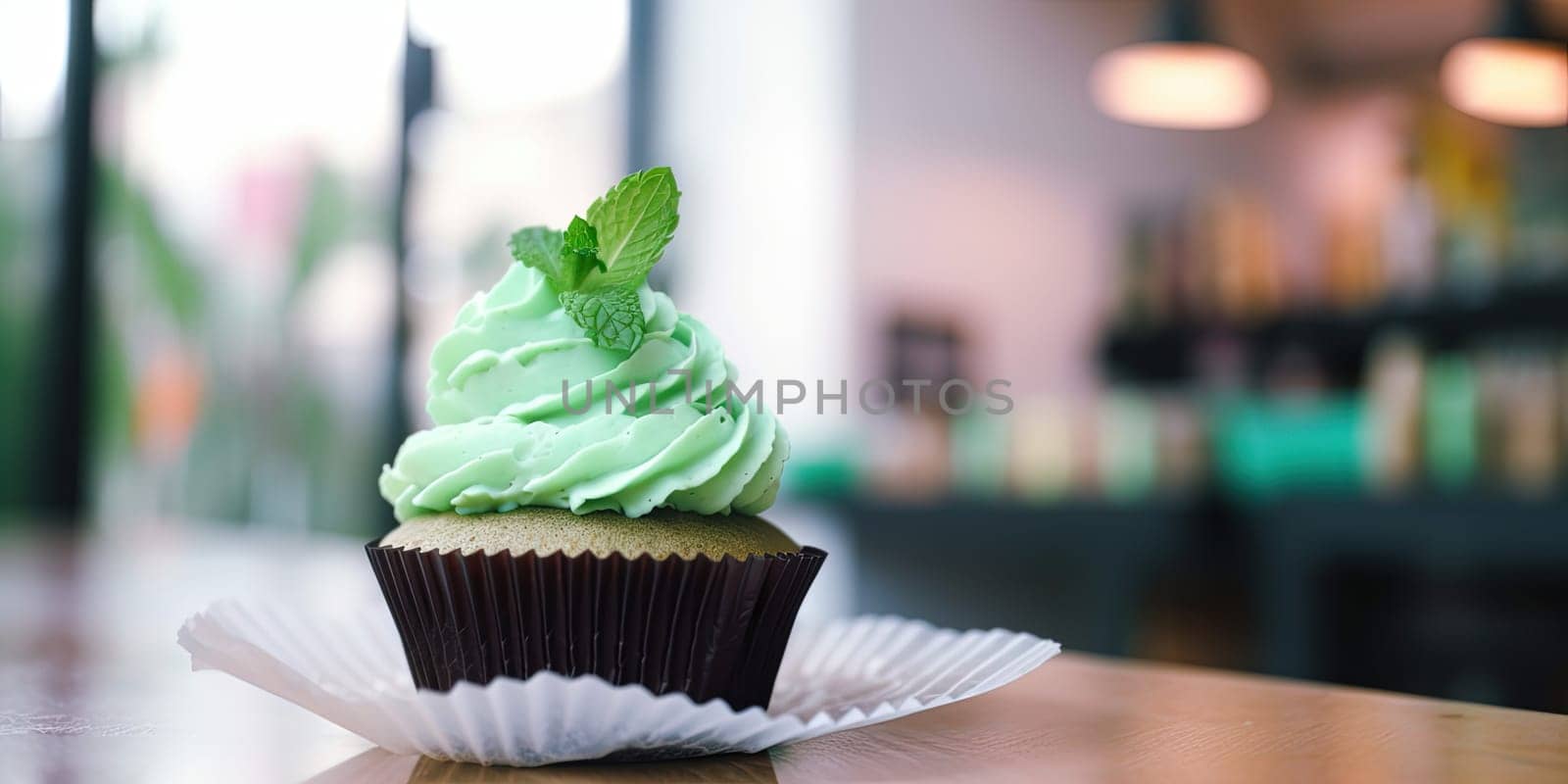 Close-up of a green cupcake on a cafe table with blurred background
