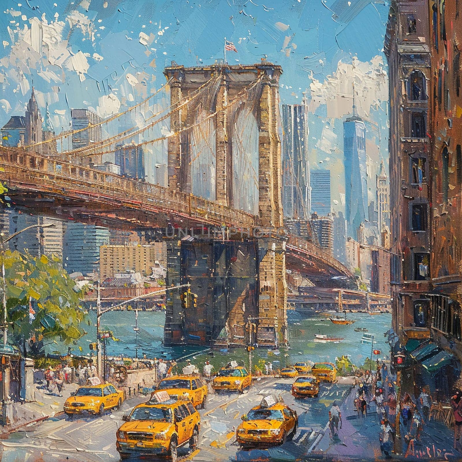 Bridge view in the city painted with a soft-focus background and detailed architectural foreground. by Benzoix