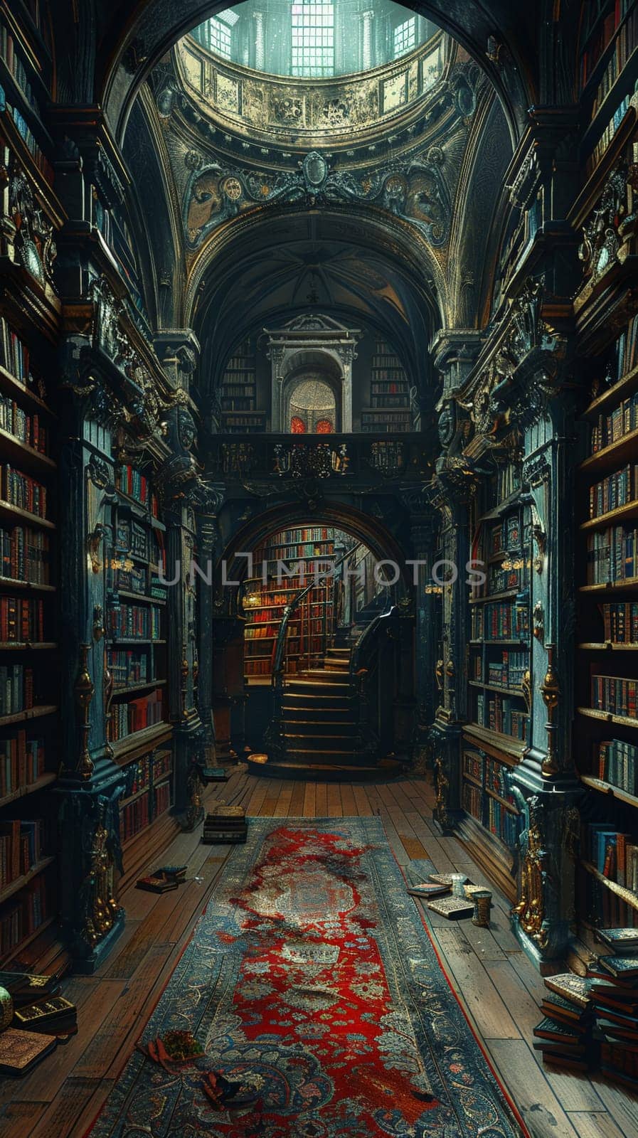 Ancient library scene rendered in a Renaissance painting style, with a focus on depth and perspective.