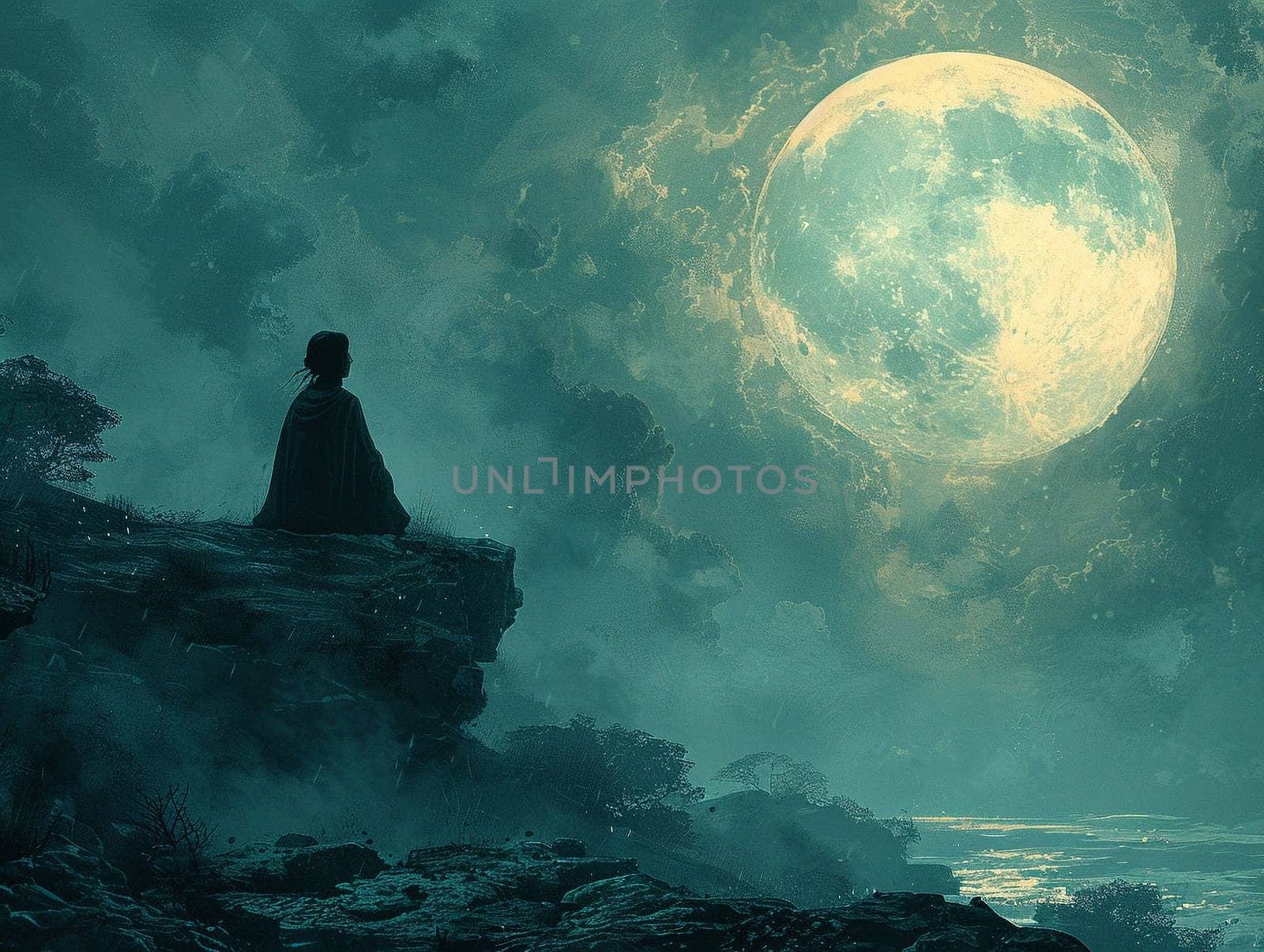 Moonlit figure created with digital brushes, blending photorealism and fantasy elements.