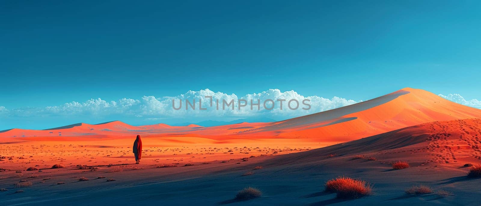 Desert nomad's silhouette against a vast dune, rendered in a minimalist style with an endless horizon.