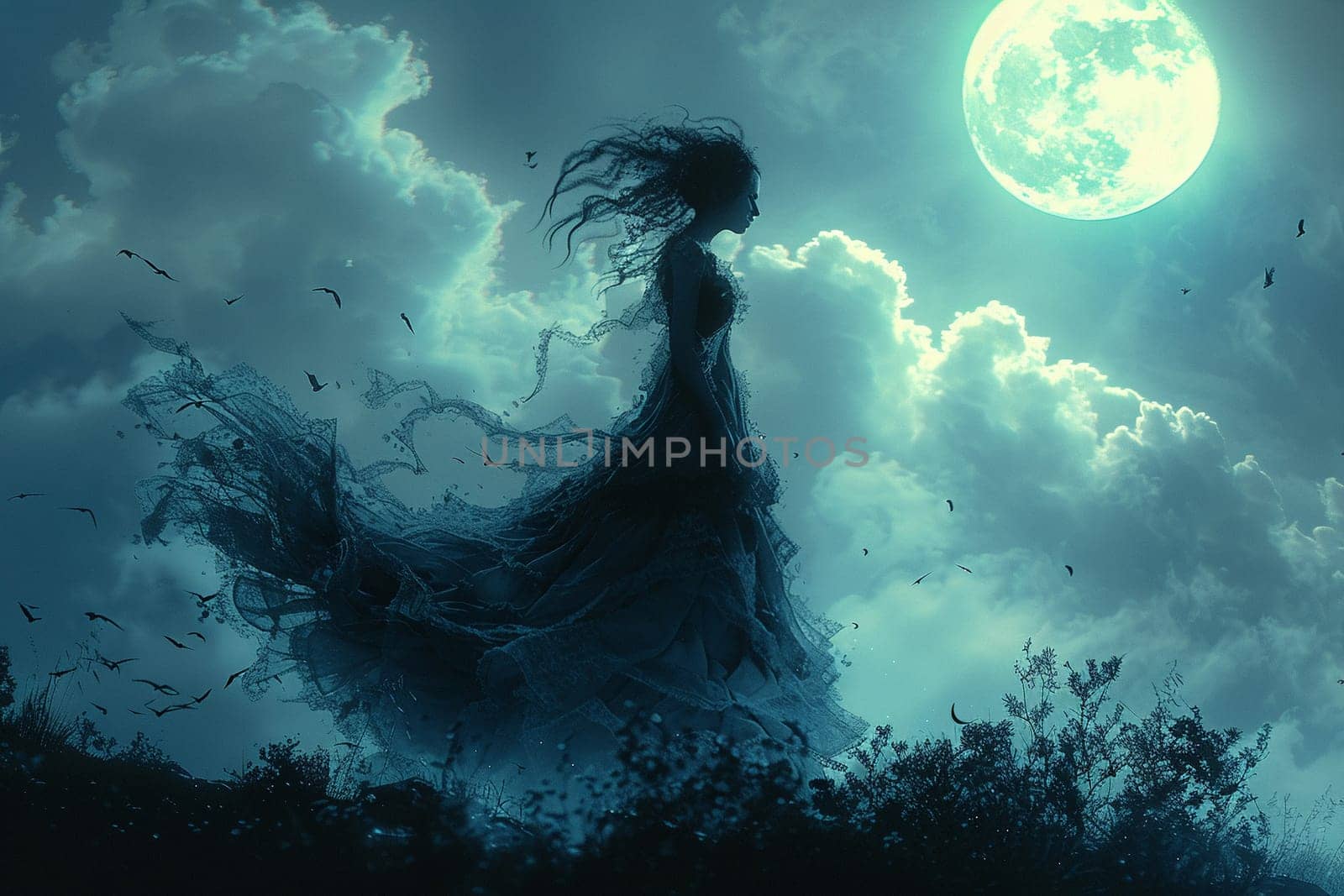 Moonlit figure created with digital brushes, blending photorealism and fantasy elements.