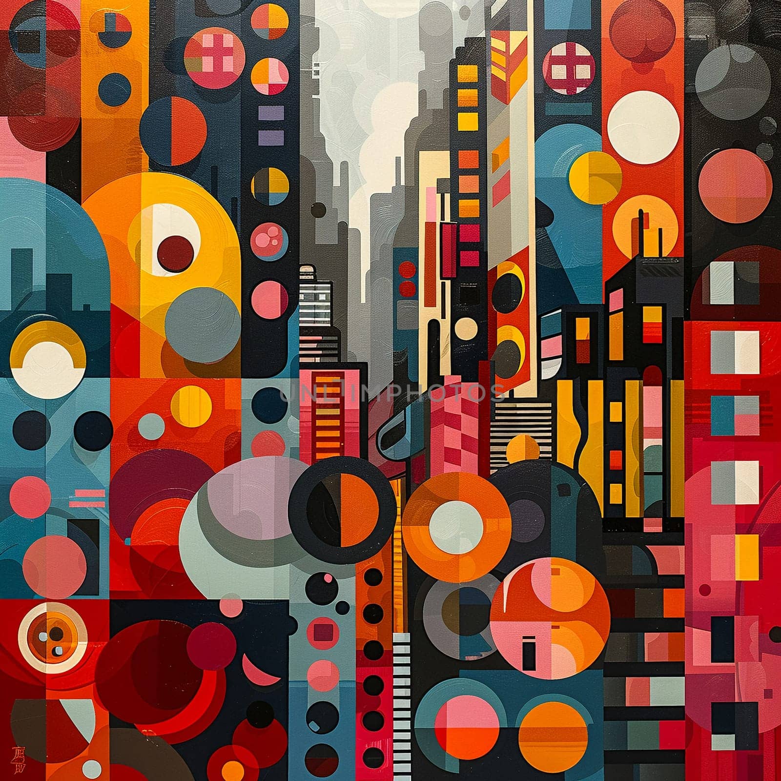 Urban center life captured in a pop art style, with bold colors and repetitive patterns.