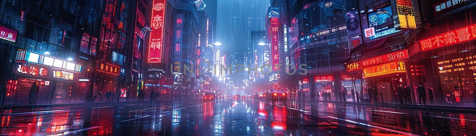 Dystopian cityscape with neon signs and rain-slick streets, illustrated in a cyberpunk anime style.